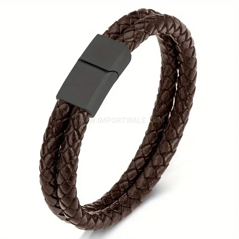 Trendy Double-Layer Braided Leather Wristband with Matte Hardware