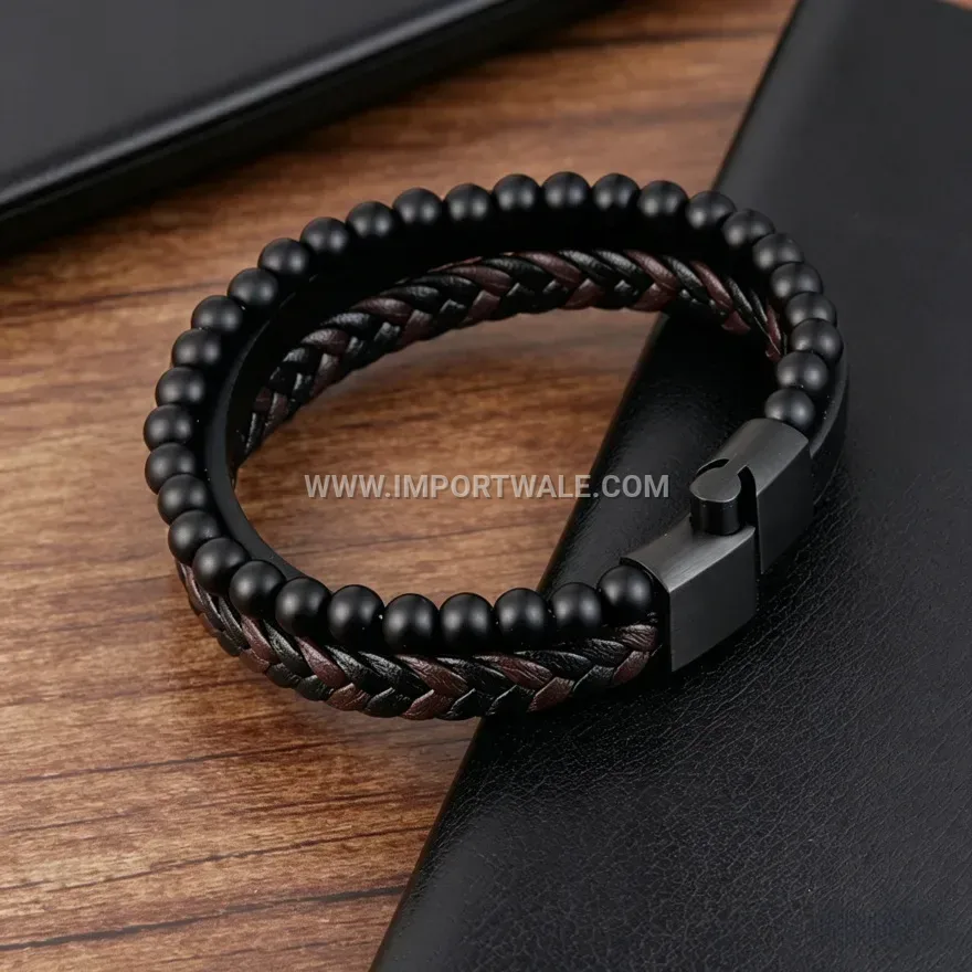 Multi-Layer Braided Leather Wristband with Natural Stone Beads