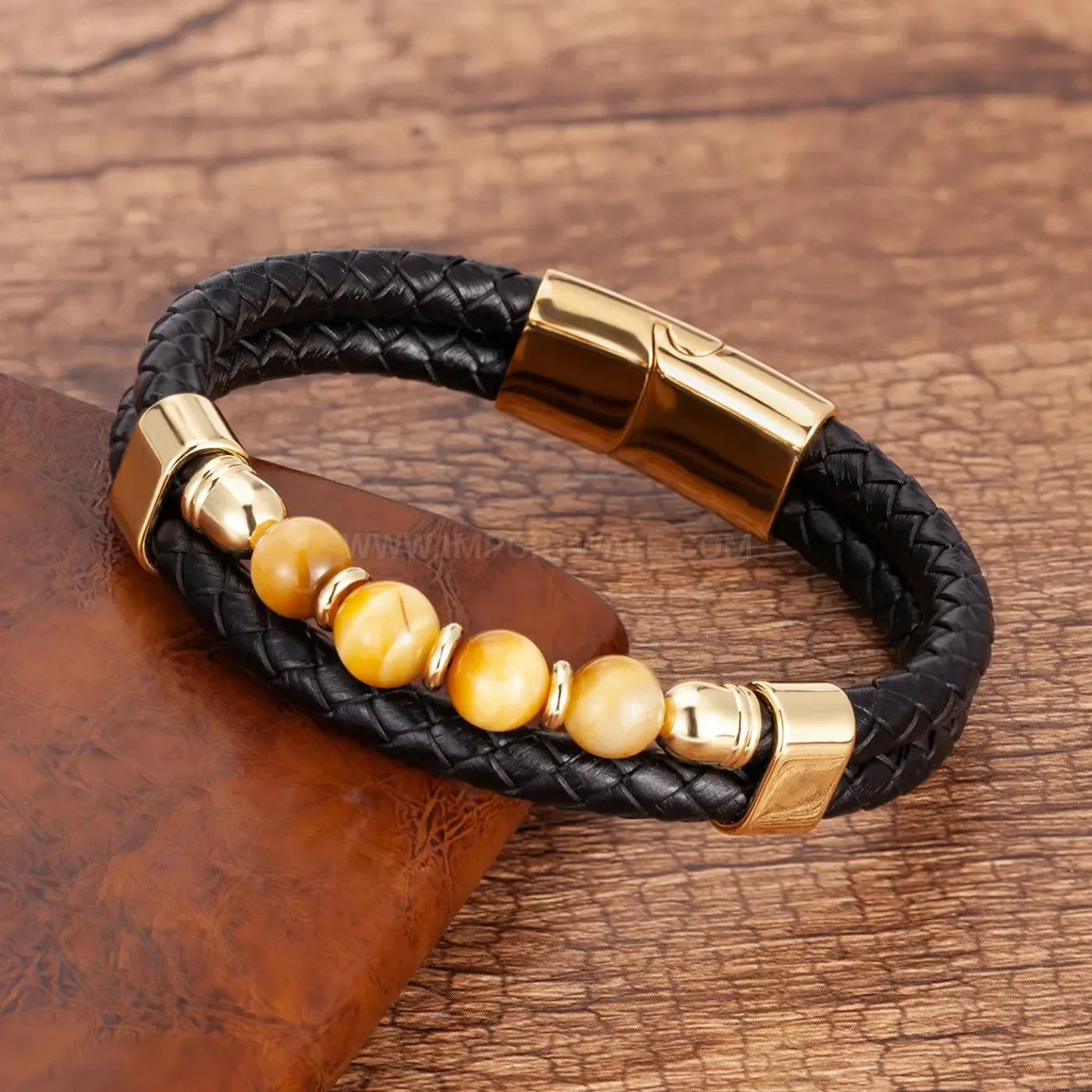 Double Strand Woven Leather and Stone Stainless Steel Bracelet