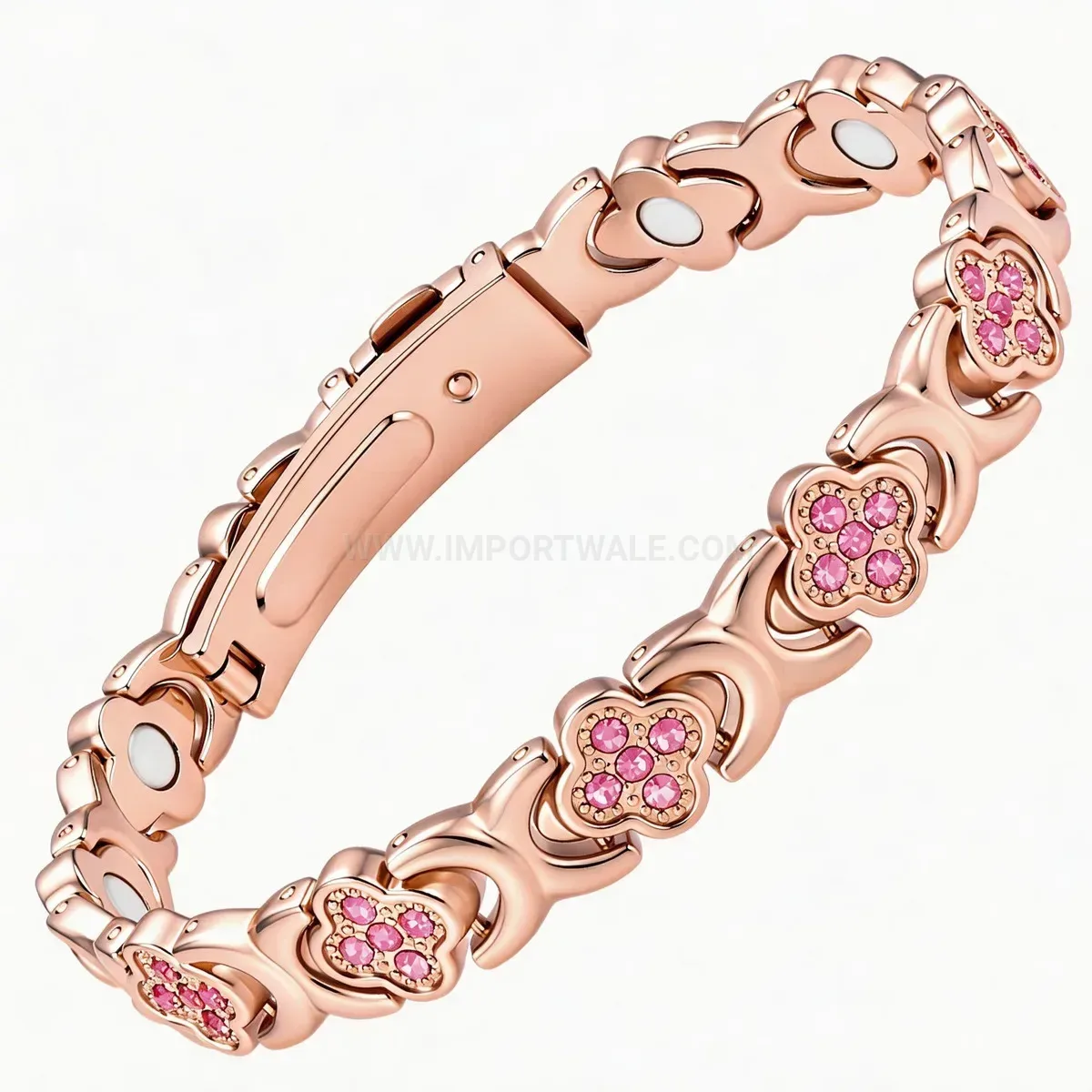 Classic Rose Gold Red Copper Four-Leaf Clover Rhinestone Magnetic Bracelet