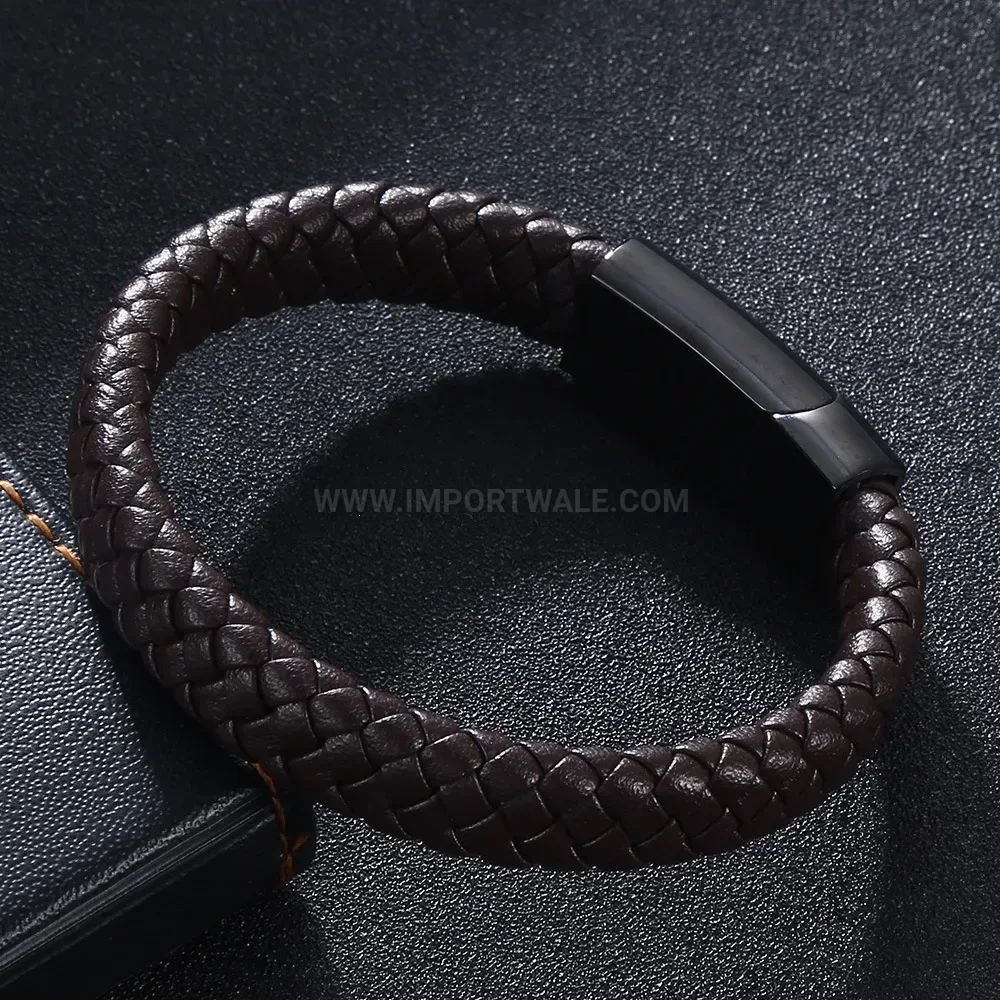 Braided Faux Leather Wristband with Stainless Steel Accent