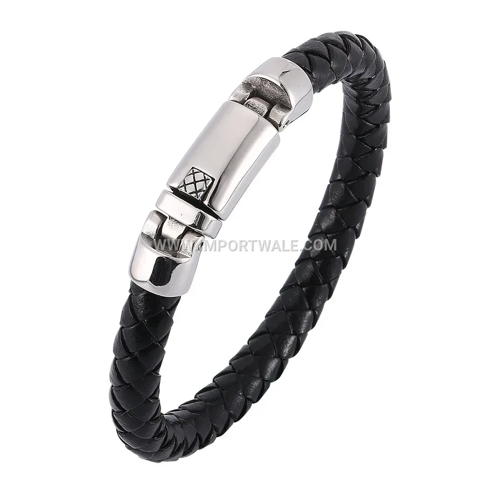 Men's Handcrafted Braided Leather Stainless Steel Snap Clasp Wristband