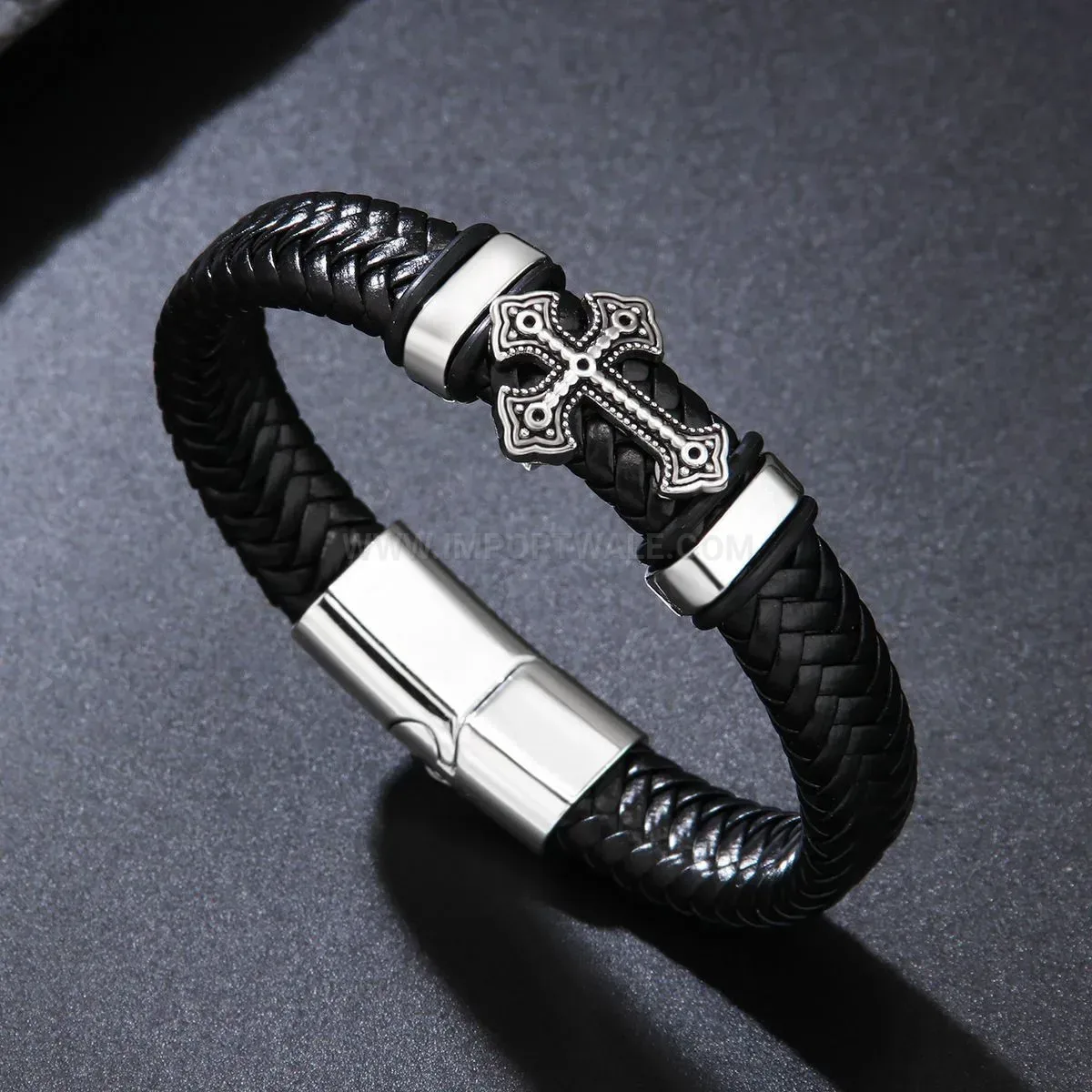 Bold Multi Layer Braided PU Leather Cross Wristband with Magnetic Clasp