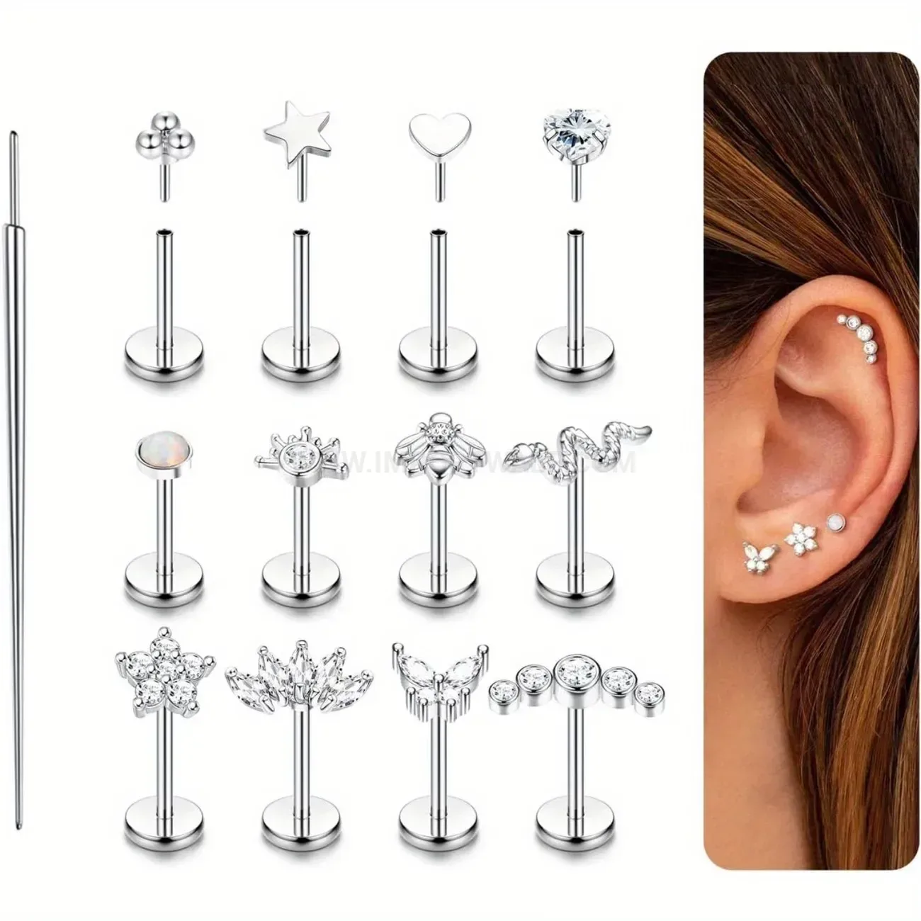 Trendy Rhinestone Stainless Steel Piercing Stud Set