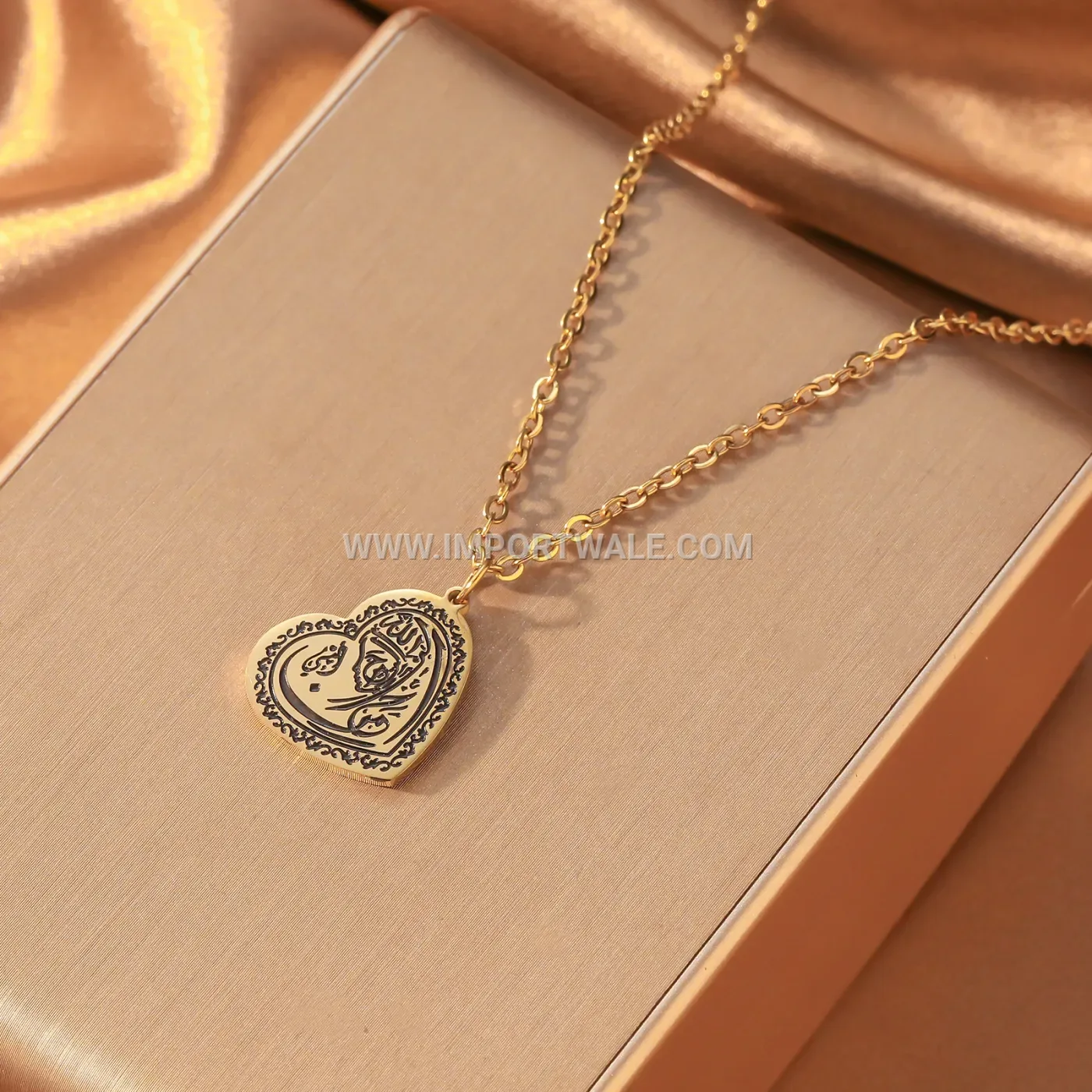 Stainless Steel Two Tone Heart Pendant Ayatul Kursi Calligraphy Necklace