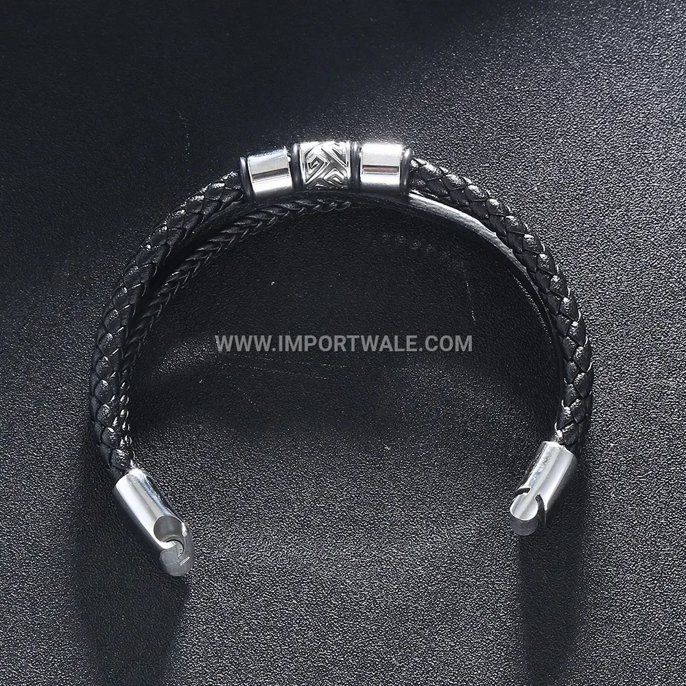 Multi Layer Handwoven Leather Men Stainless Steel Cuff Bracelet