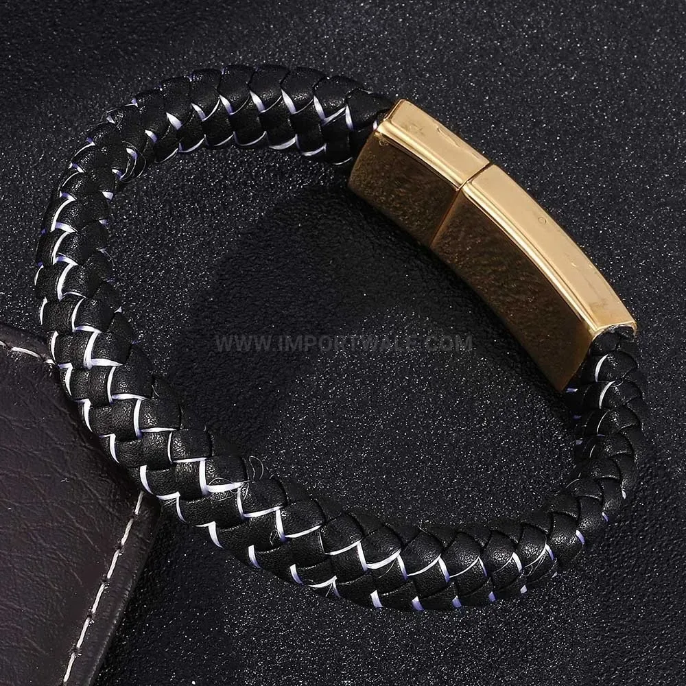 Braided Leather Wristband with Stainless Steel Snap Clasp