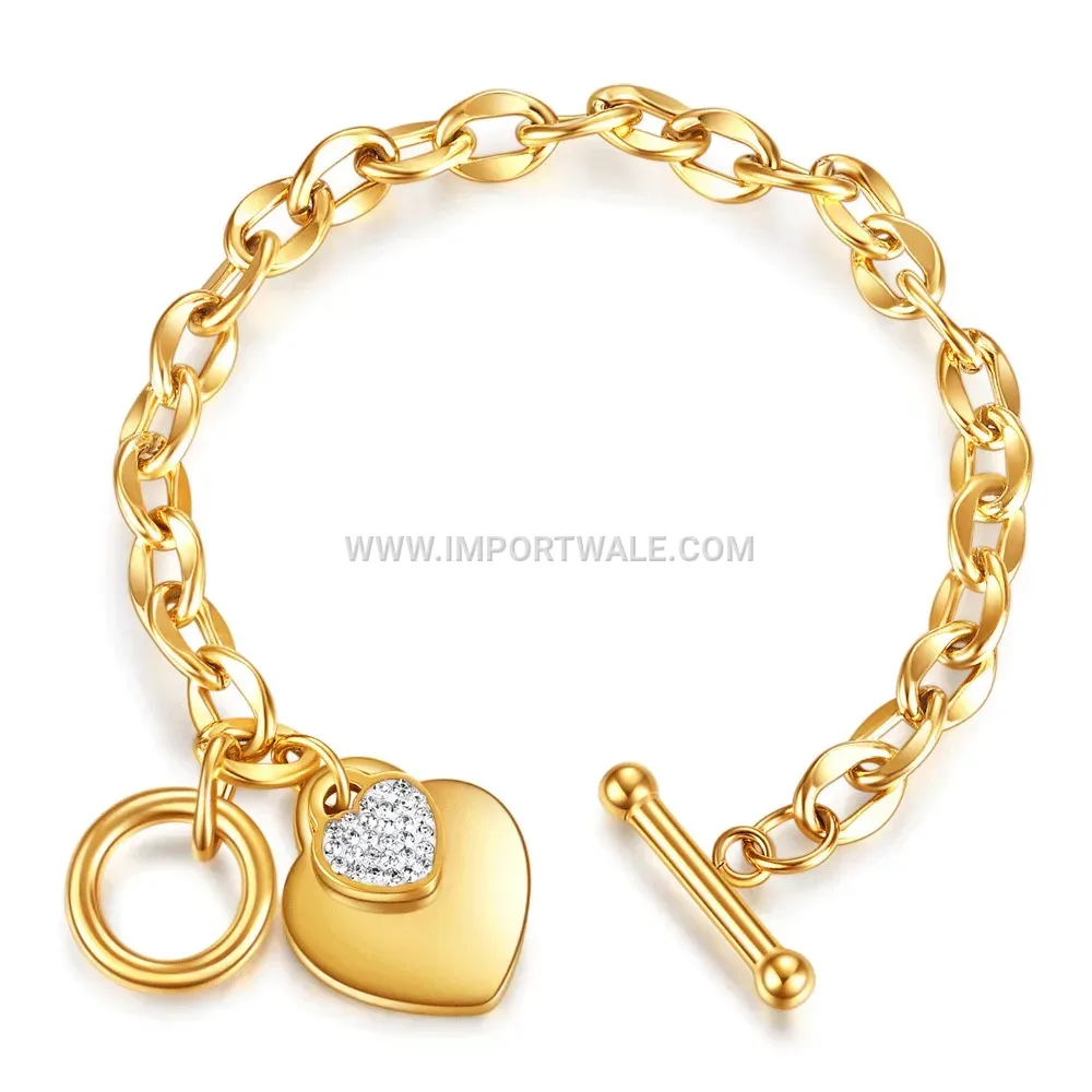 Rhinestone Heart Stainless Steel OT Toggle Chain Bracelet