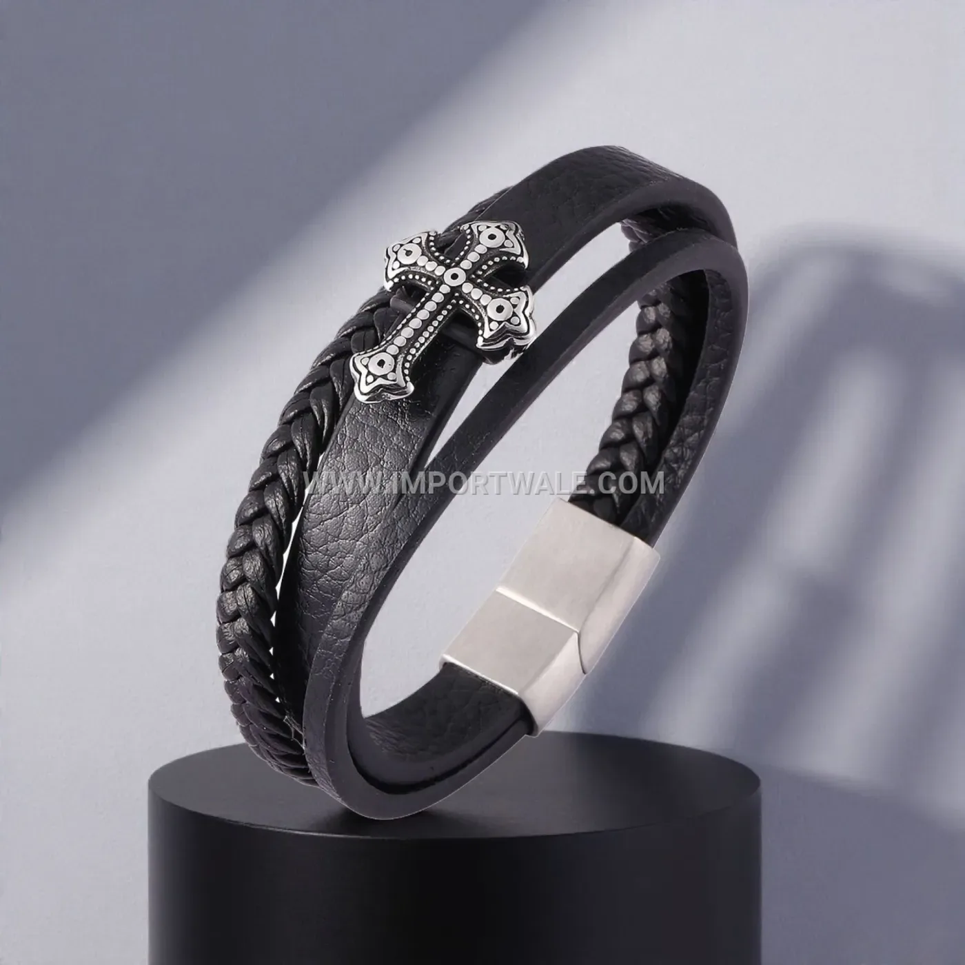 Braided Leather Multi Strand Bracelet with Stainless Steel Cross Clasp