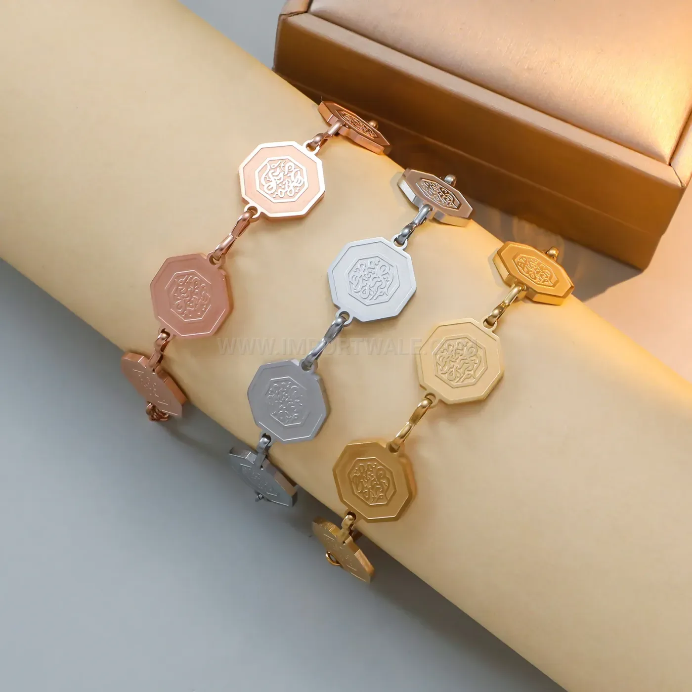 Octagonal Arabic Calligraphy Stainless Steel Gold Plated Bracelet