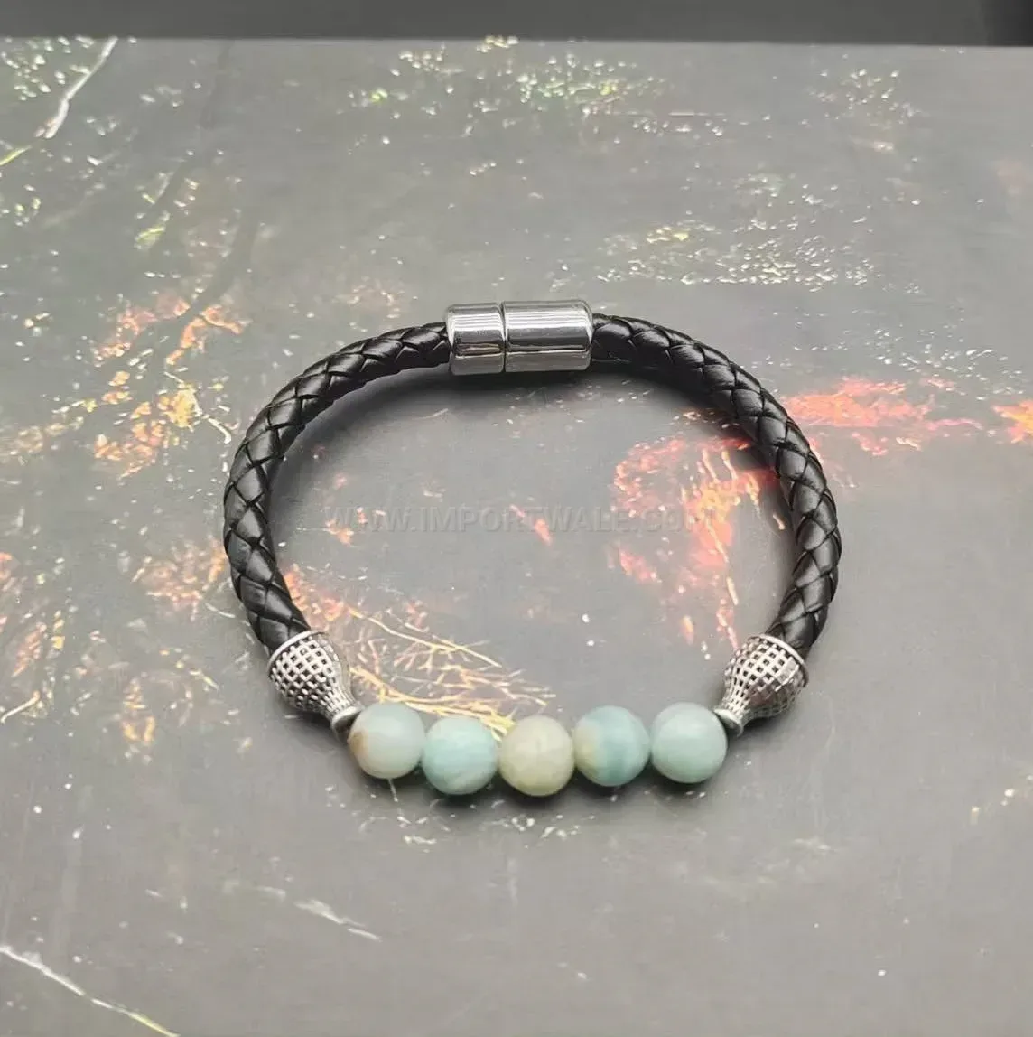 Classic Natural Gemstone Beaded Multi Layer Braided Leather Bracelet