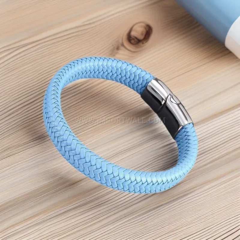 Minimalist Stainless Steel and Leather Bangle Bracelet