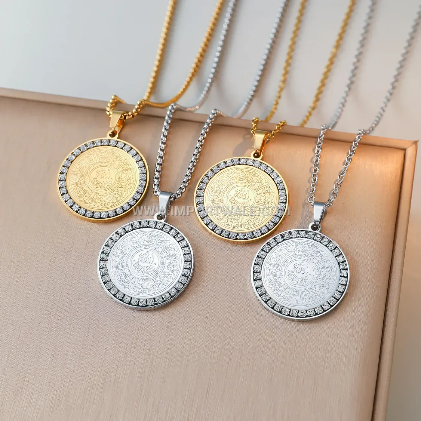 Gold Plated Stainless Steel Allah Pendant Necklace With Zircon Accent