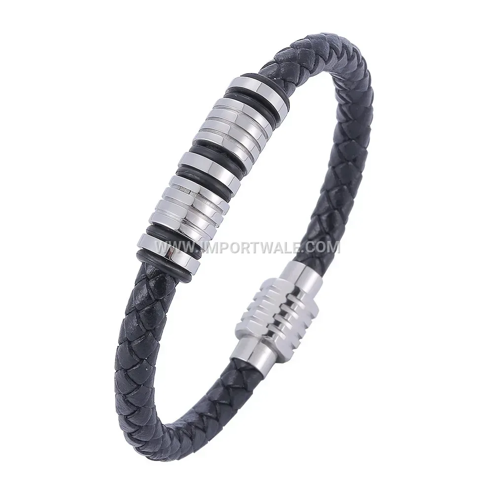 Minimalist Woven Leather and Stainless Steel Beaded Wristband