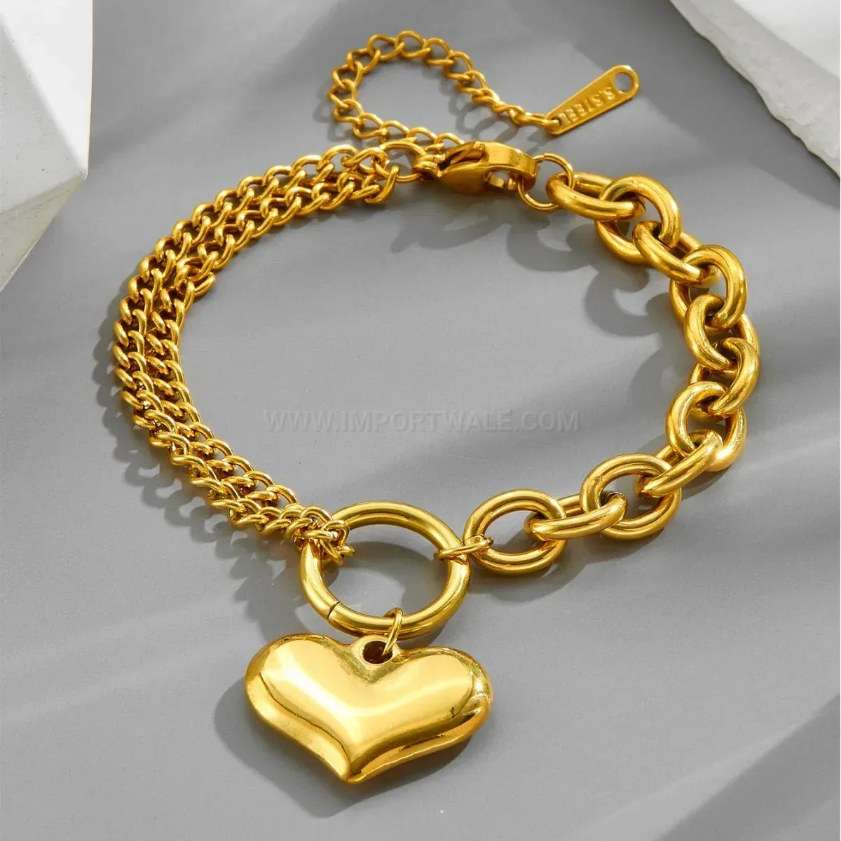 Classic Gold Plated Stainless Steel Heart Charm Chain Bracelet