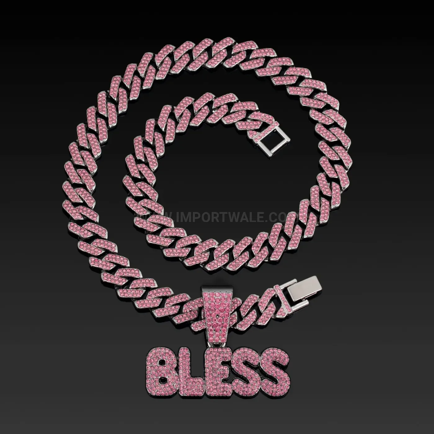 Fashion Pink Rhinestone BLESS Letter Pendant Cuban Chain Necklace