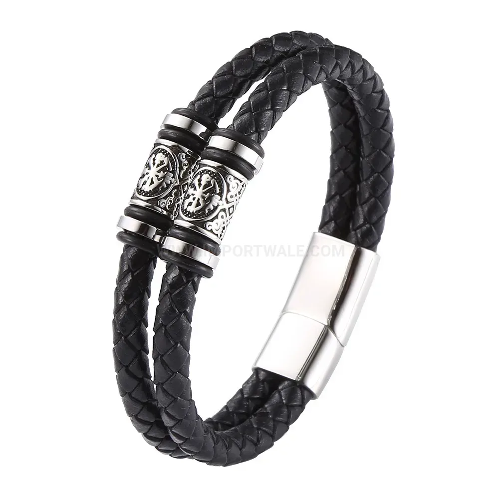 Viking Style Multi Layer Braided Leather Stainless Steel Bracelet