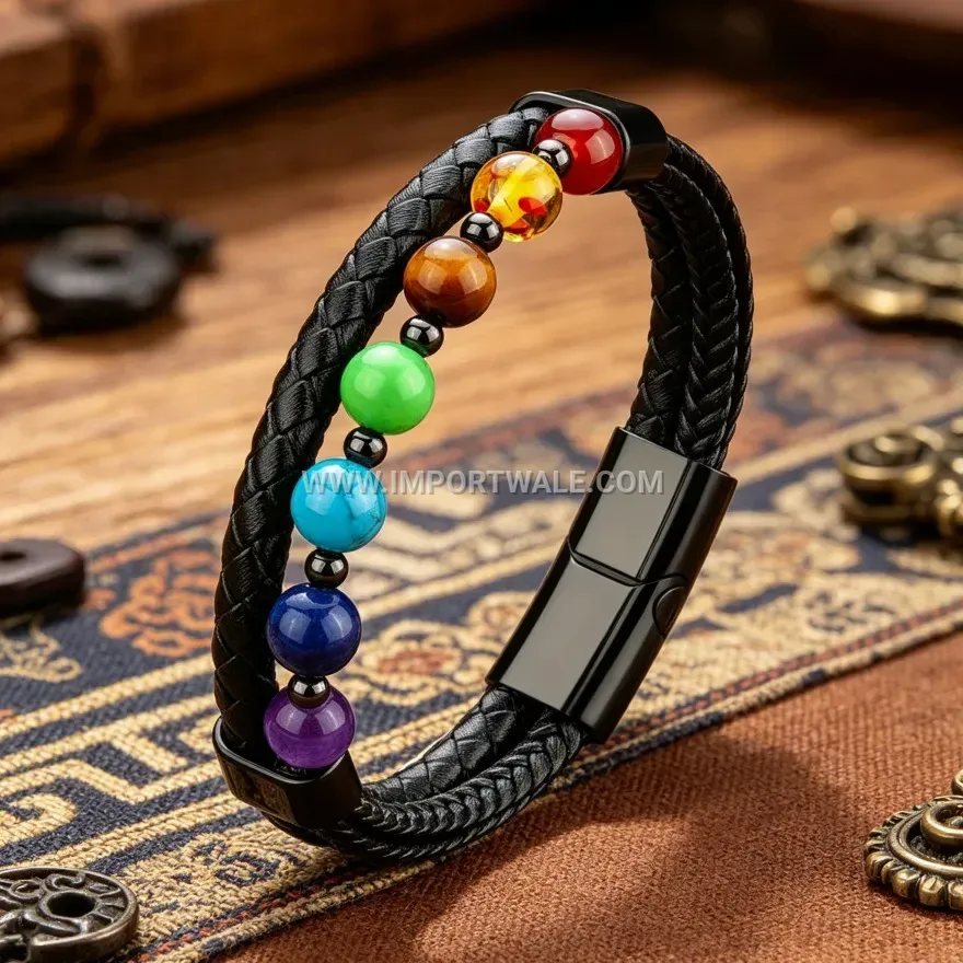 Beaded Stone Leather Band with Metallic Magnetic Closure