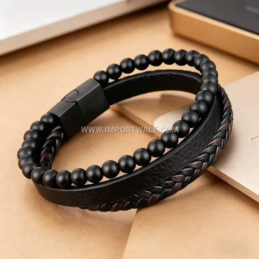 Multi-Layer Braided Leather Wristband with Natural Stone Beads