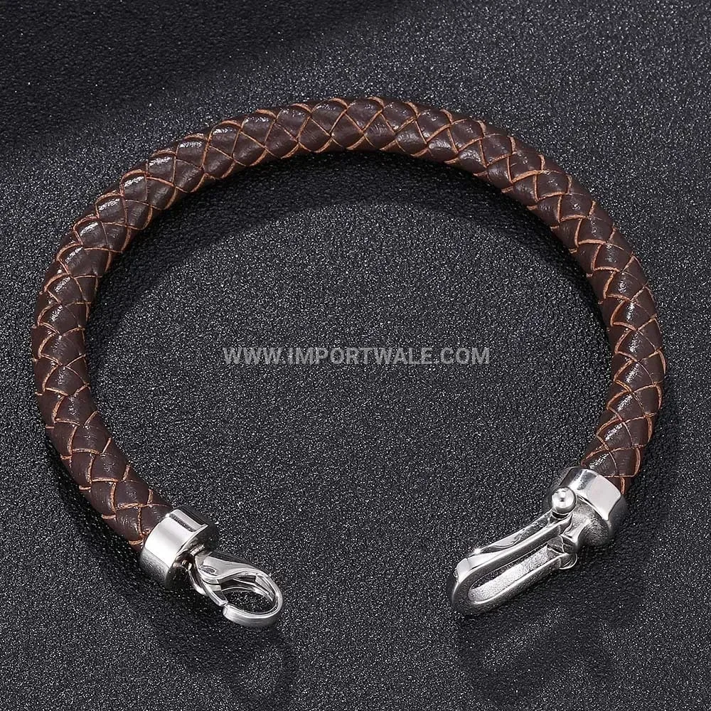 Braided Leather Stainless Steel Horseshoe Buckle Bracelet for Men