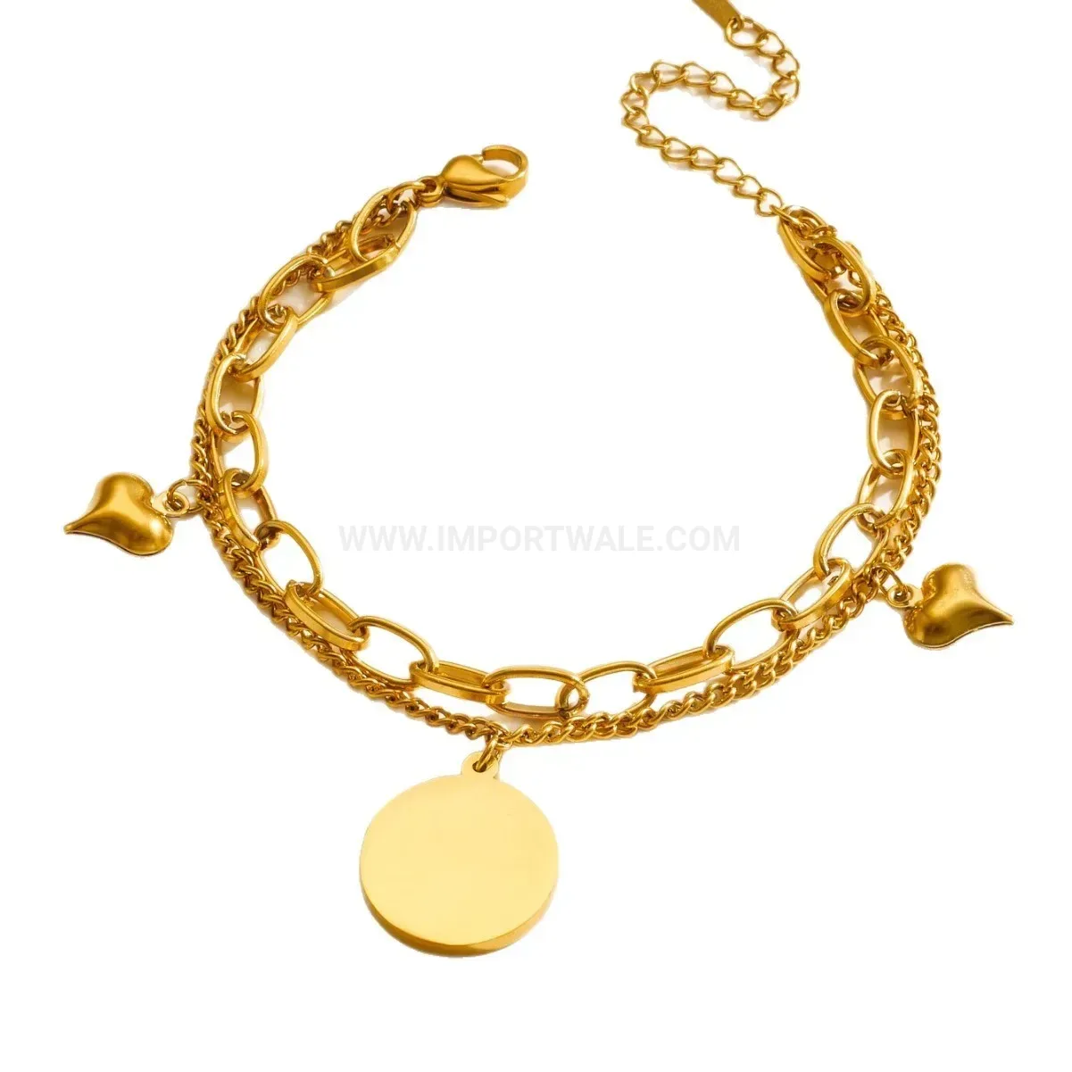Double Layer Stainless Steel Gold-Plated Crystal Heart Disc Bracelet
