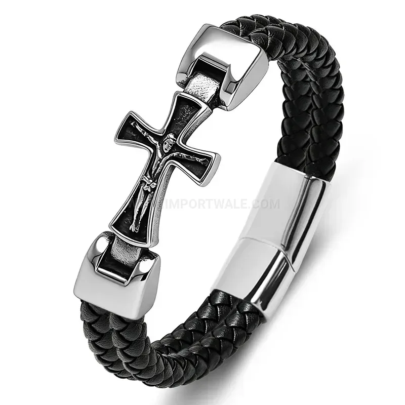 Premium Cross Element Stainless Steel Two Tone Leather Wristwear