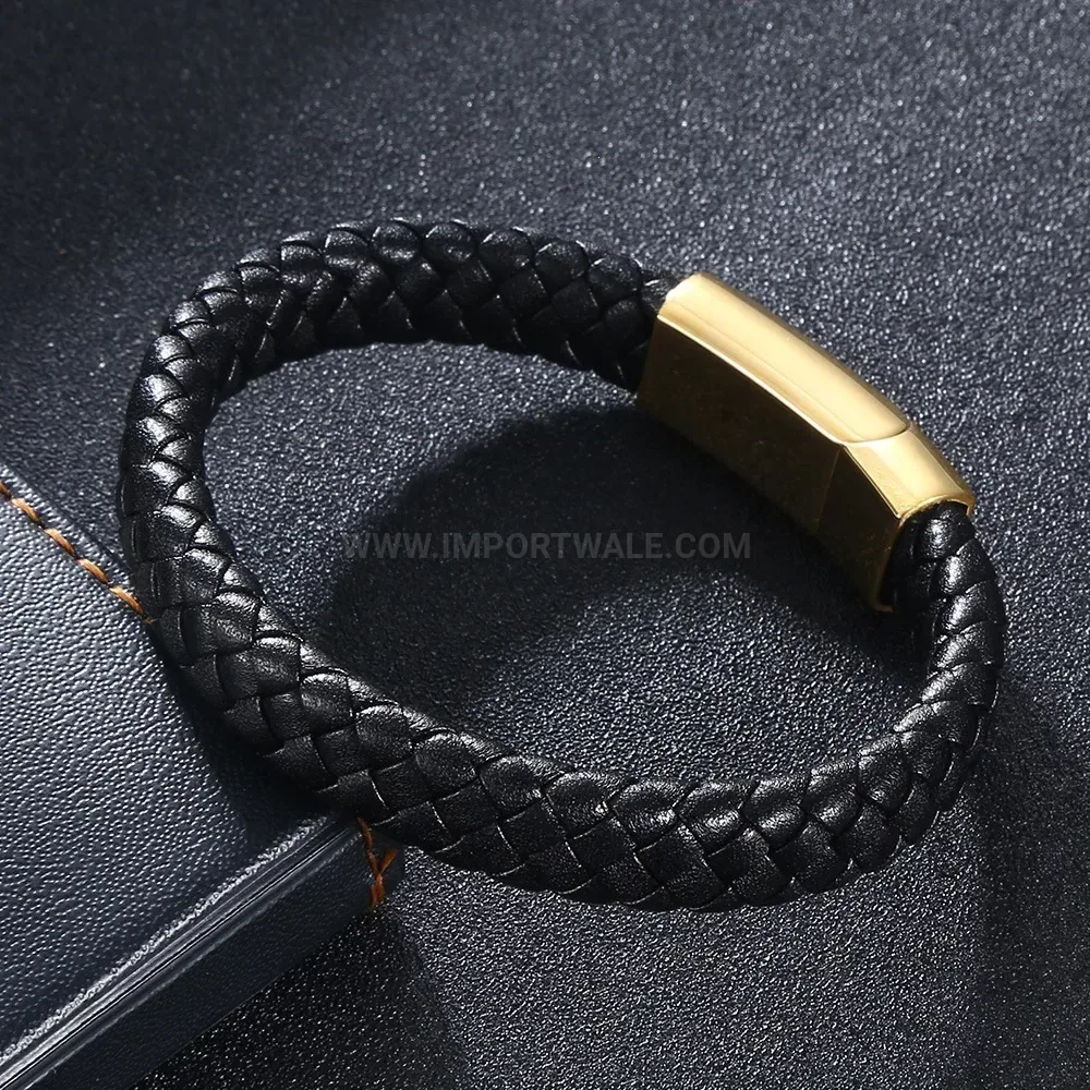 Braided Leather Wristband with Gold Plated Stainless Steel Magnetic Clasp