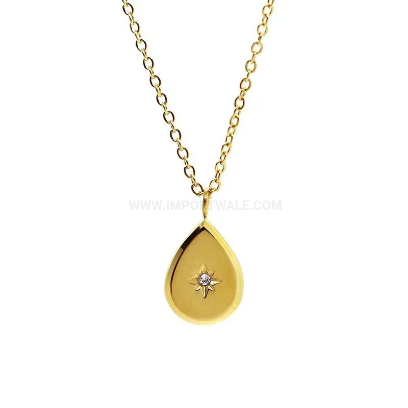Fashion Rhinestone Teardrop Eight Point Star Titanium Steel Pendant Necklace