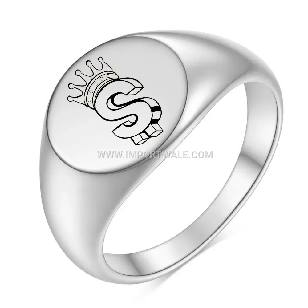 Laser Engraved Crown and Dollar Signet Ring