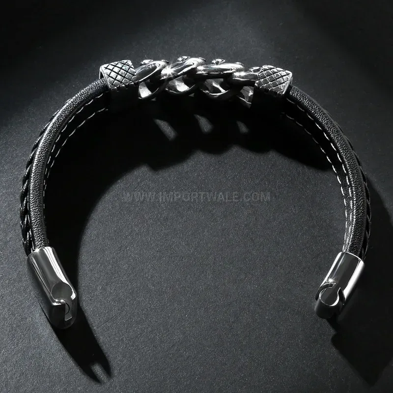 Chic Stainless Steel Skull Chain Leather Bangle Bracelet