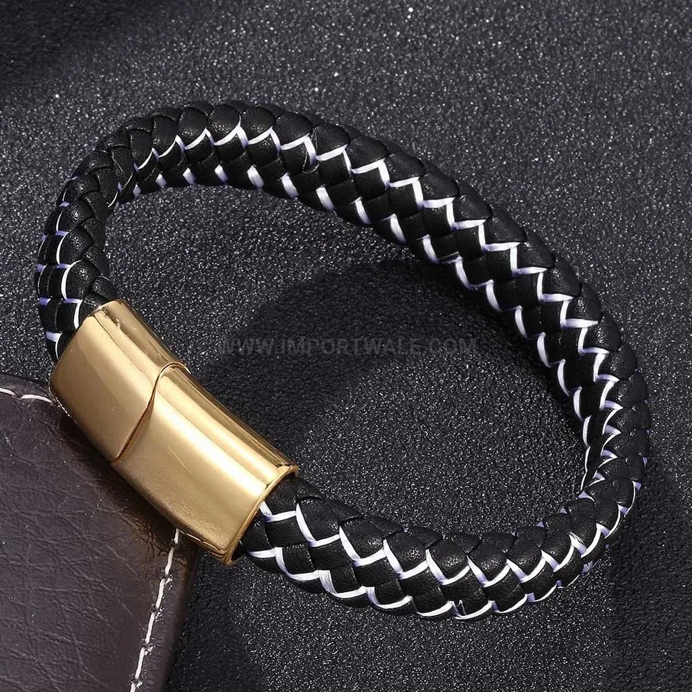 Two-Tone Woven Leather Bracelet with Gold-Tone Magnetic Clasp
