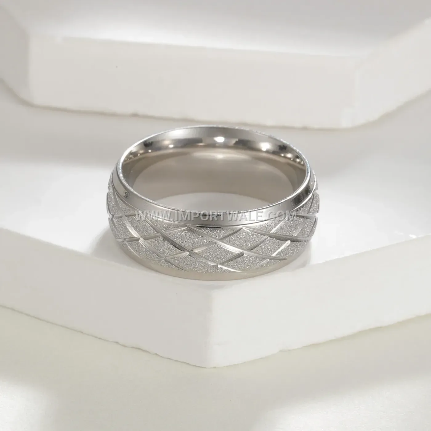 Frosted Geometric Diamond Pattern Stainless Steel Band Ring