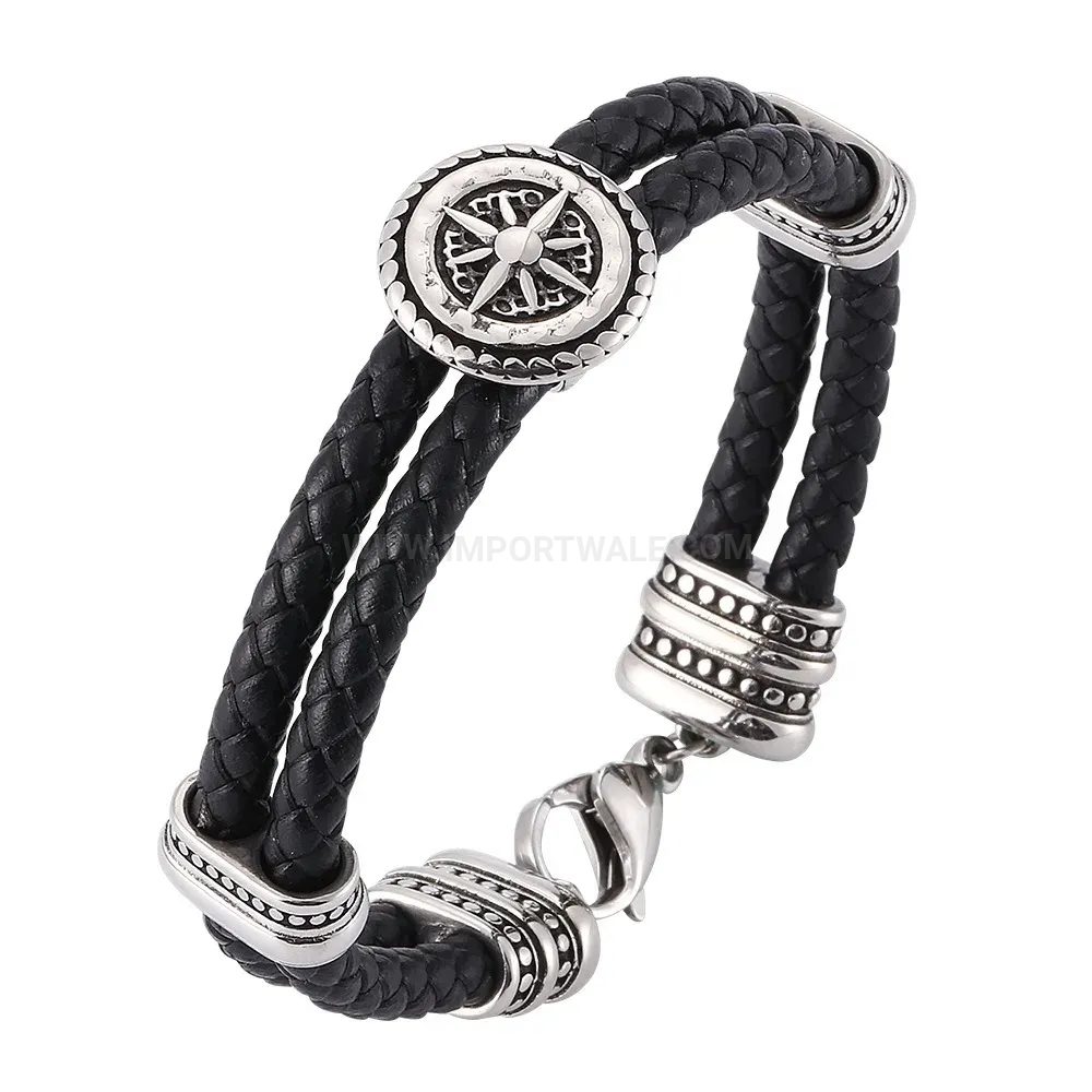 Retro Geometric Stainless Steel Black Leather Wristband For Men
