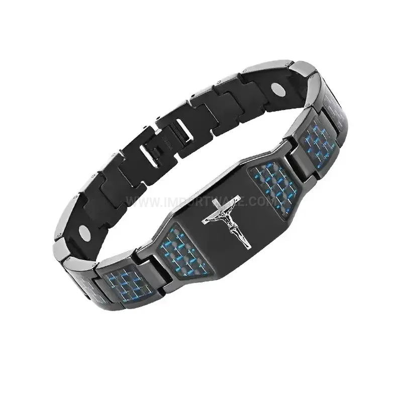 Men Titanium Steel Cross Bio Magnetic Bracelet In Black And Blue