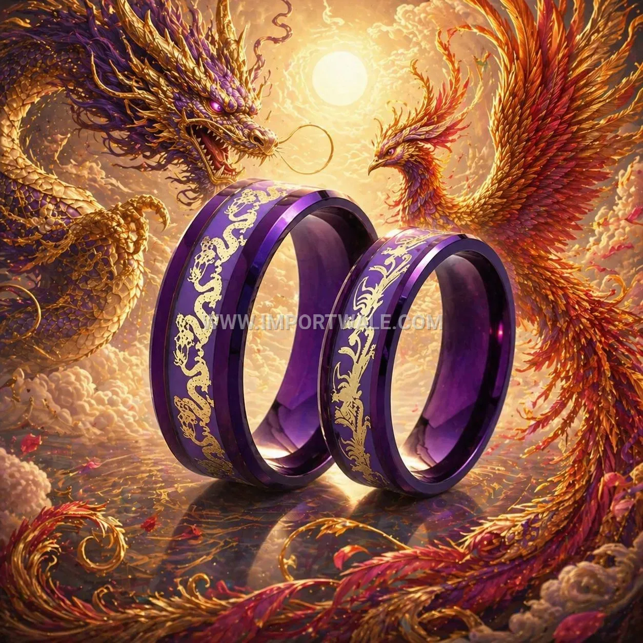 Stainless Steel Dragon and Phoenix Engraved Vacuum Plated Band Ring
