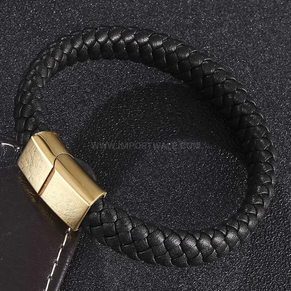 Woven Leather Wristband with Stainless Steel Clasp Fastening