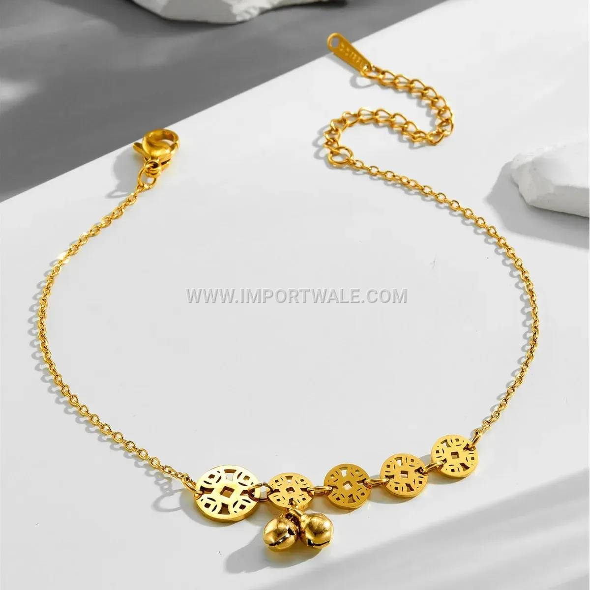 Vintage Coin Bell Charm Gold Toned Premium Anklet Anti Tarnish