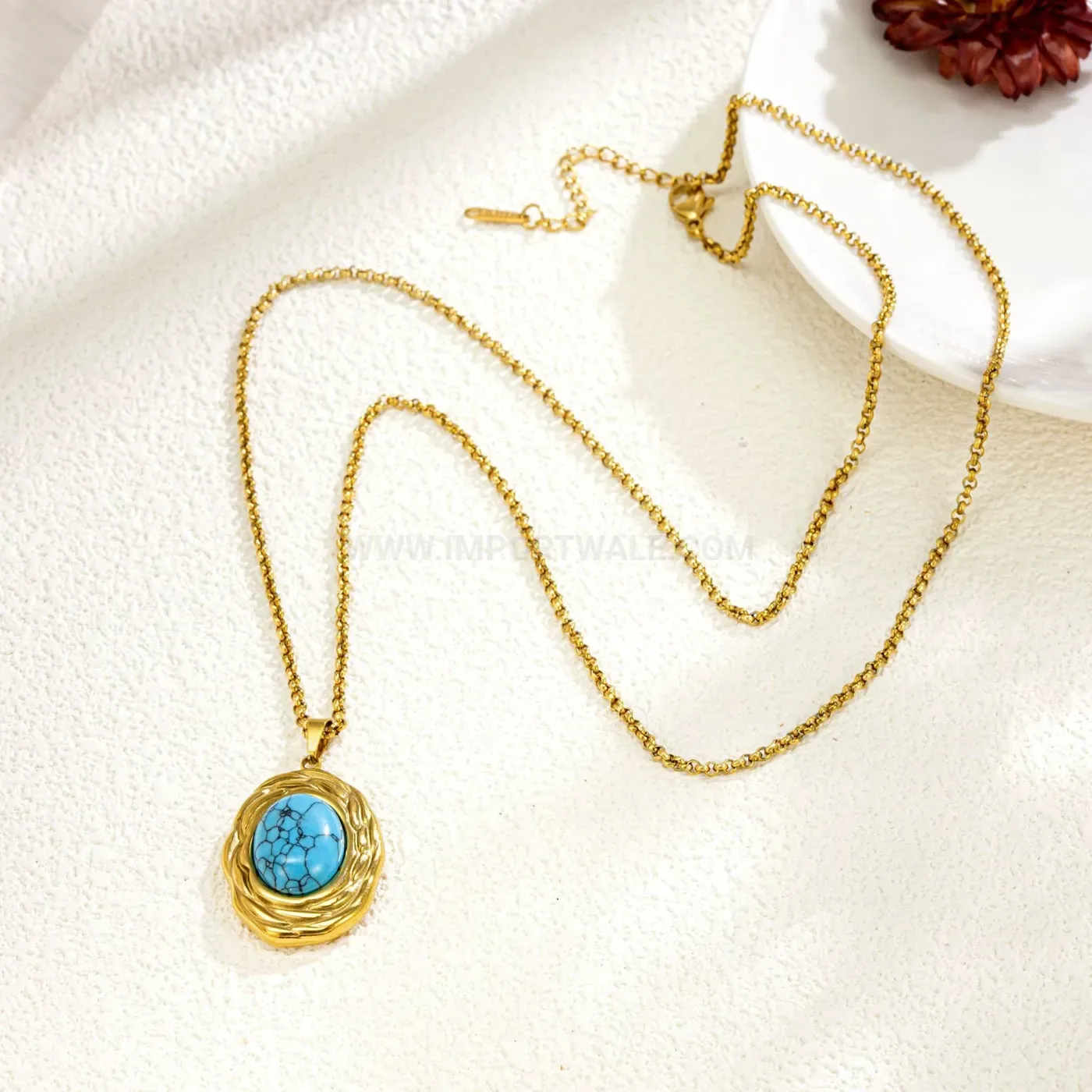Modern Retro Titanium Steel Blue Turquoise Oval Pendant Necklace