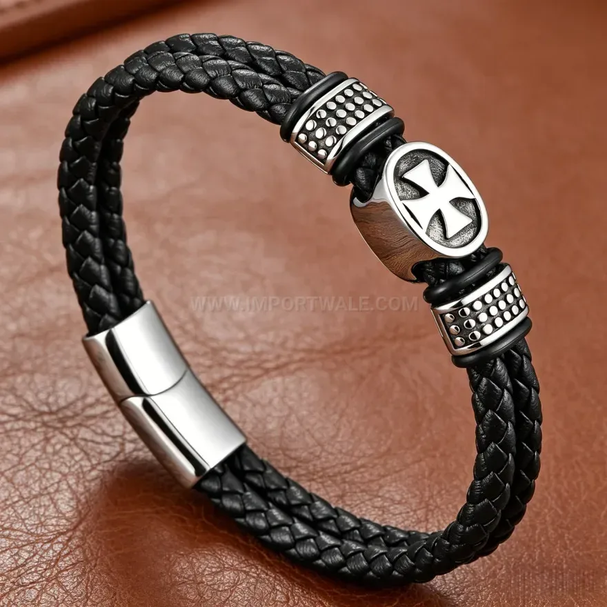 Bold Vintage Woven PU Leather Cross Charm Bracelet With Magnetic Clasp
