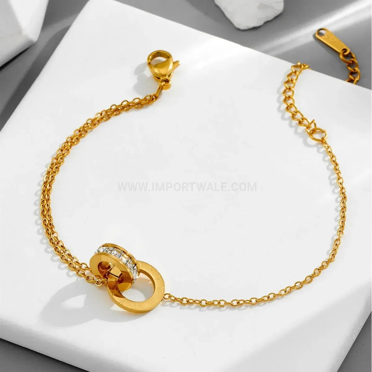 Double Layer Roman Numeral Cubic Zirconia Titanium Steel Bracelet
