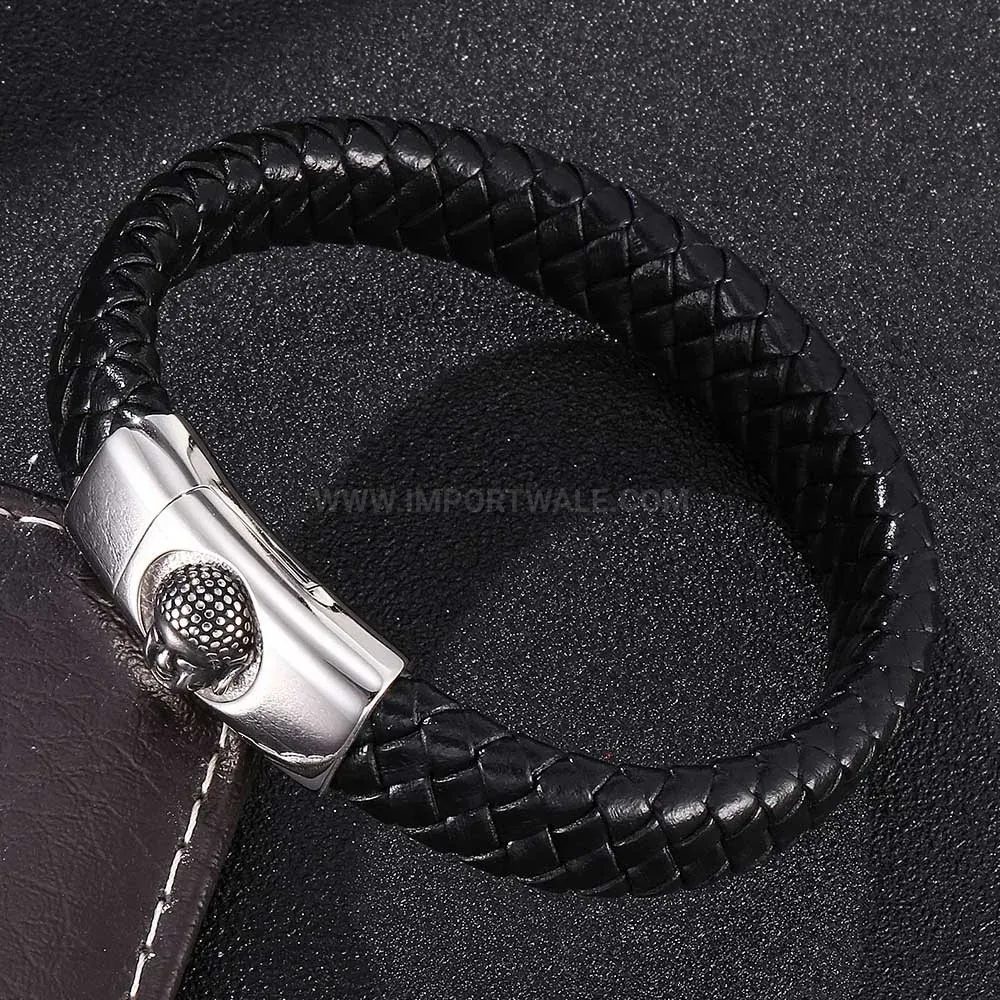 Modern Stainless Steel Buddha Head Braided Black Leather Men Bracelet