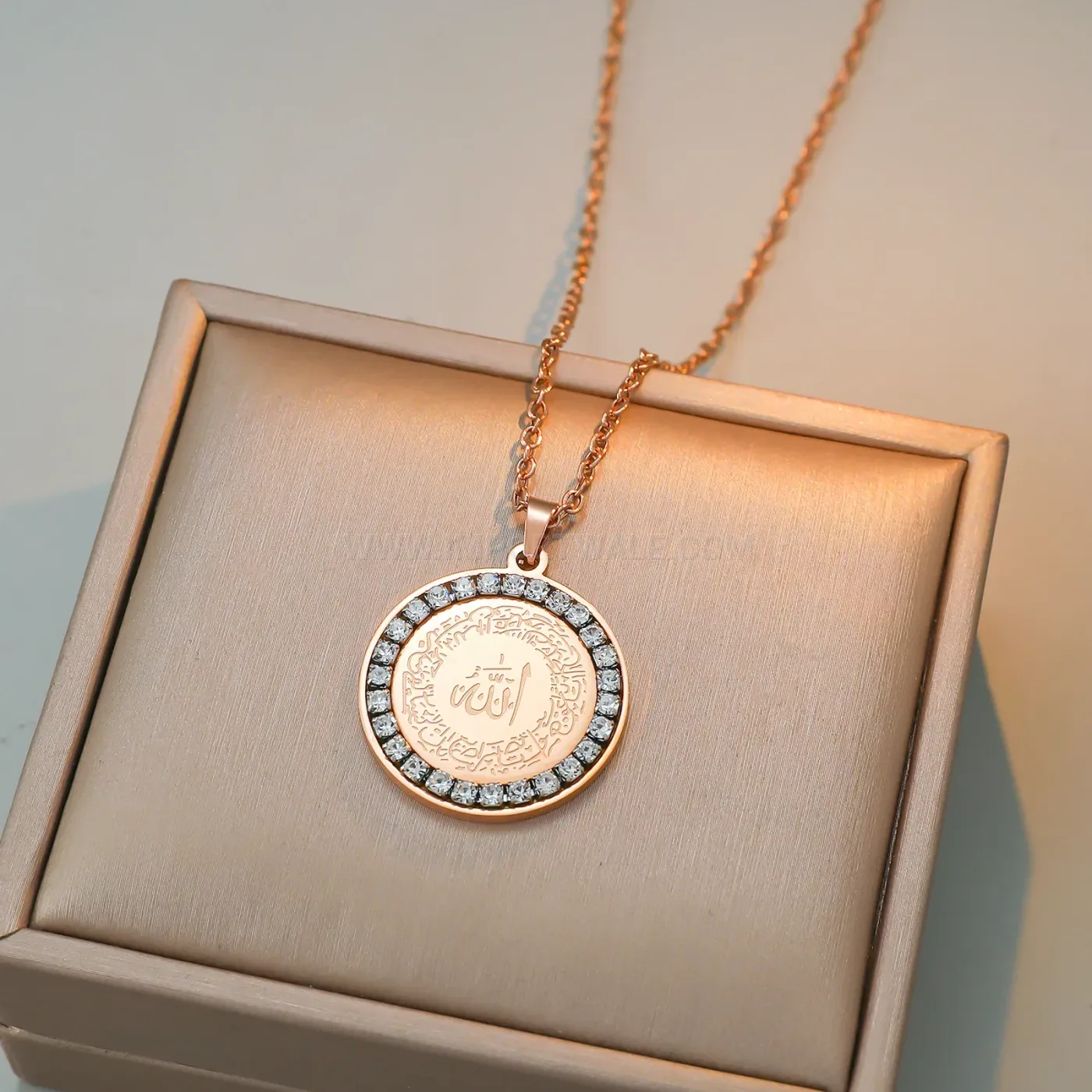 Gold Plated Stainless Steel Allah Inscription Pendant Necklace With Zircon Accent