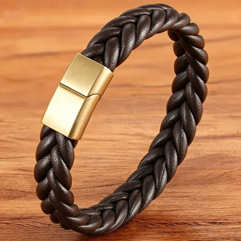 Bold Braided Brown Leather Wristband with Secure Magnetic Clasp