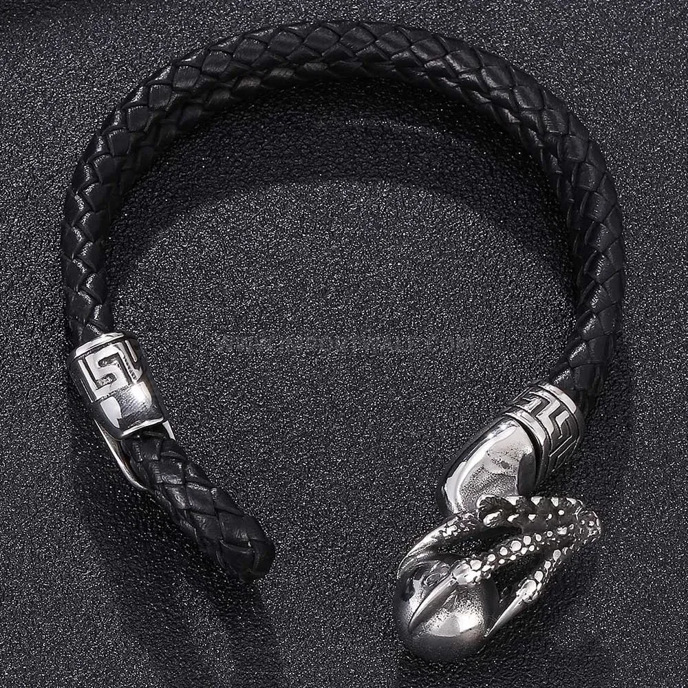 Woven Leather Dragon Claw Accent Stainless Steel Bracelet