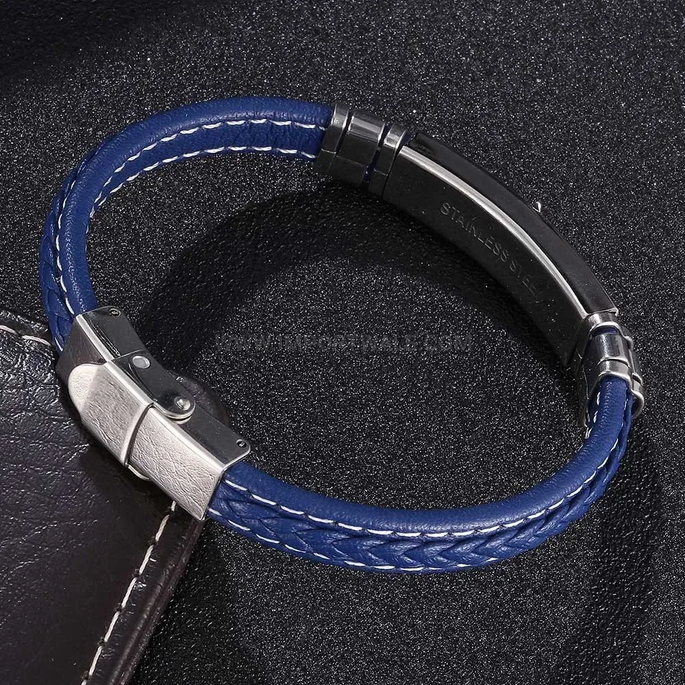 Woven Blue Leather Stainless Steel Star Bracelet for Men