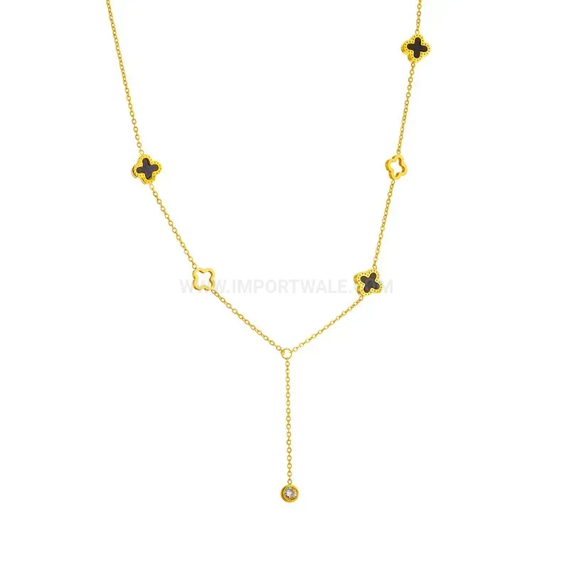 Titanium Steel Four Leaf Clover Charm Pendant Tassel Necklace