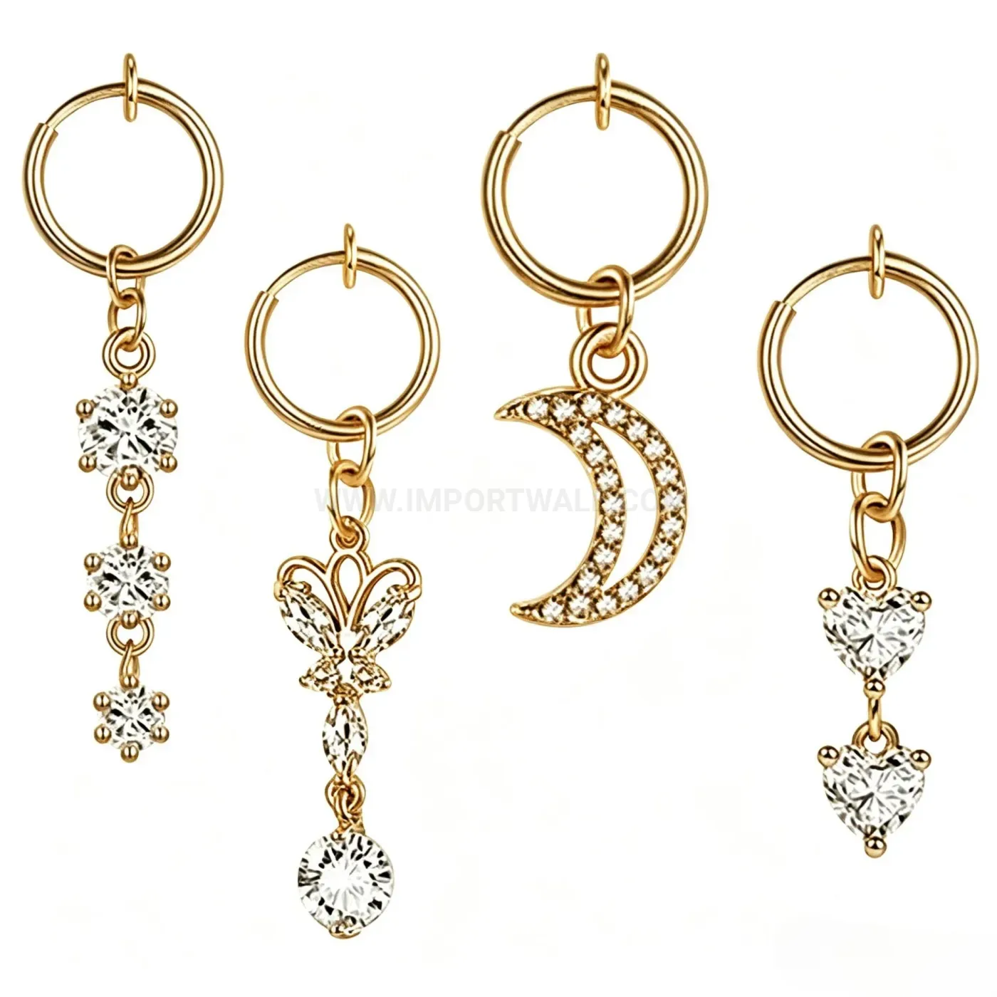 Premium Butterfly Moon Heart Charm Stainless Steel Piercing Ear Hoop Set