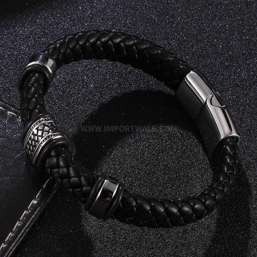 Vintage Woven Leather Bracelet with Stainless Steel Clasp