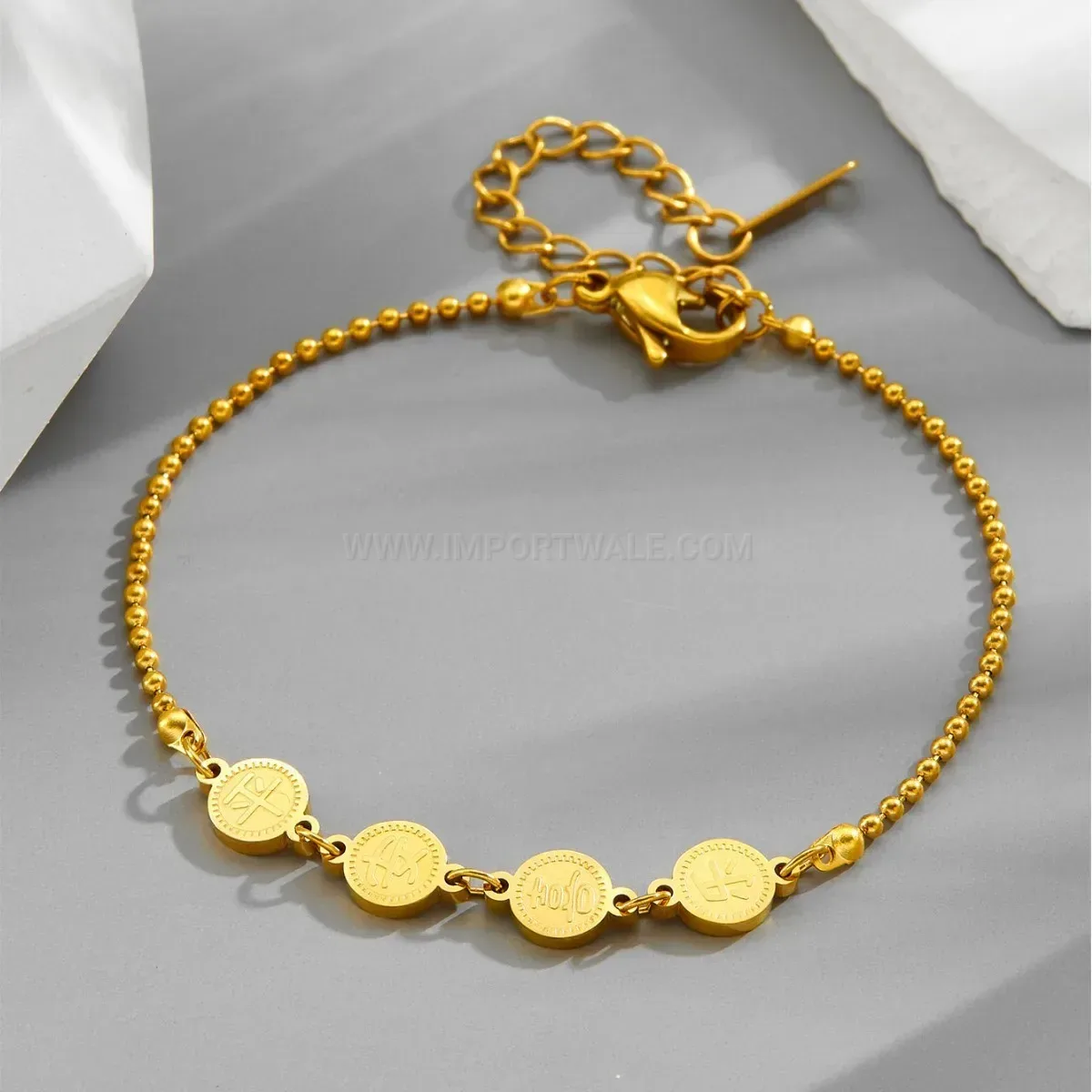Gold Plated Stainless Steel Engraved Blessing Round Disc Pendant Bracelet