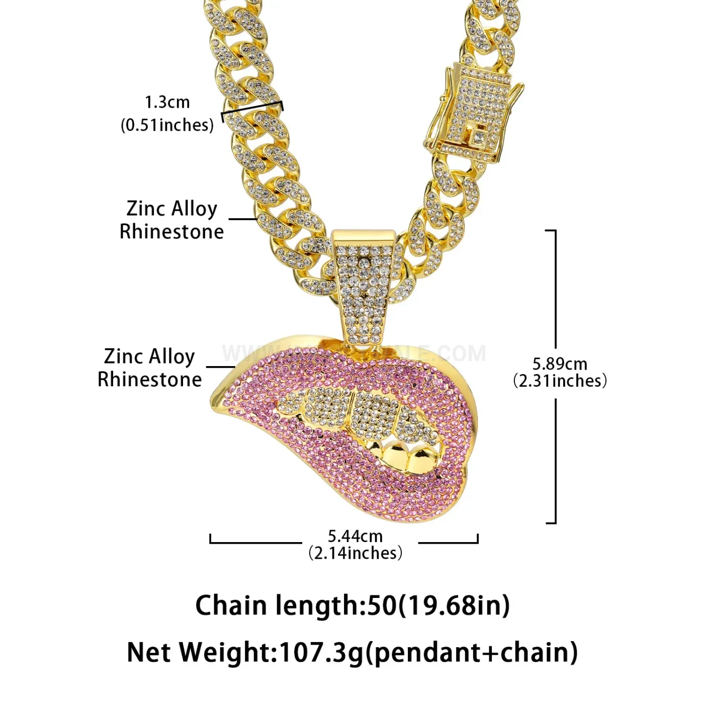Rhinestone Lip Pendant with Zinc Alloy Cuban Link Chain